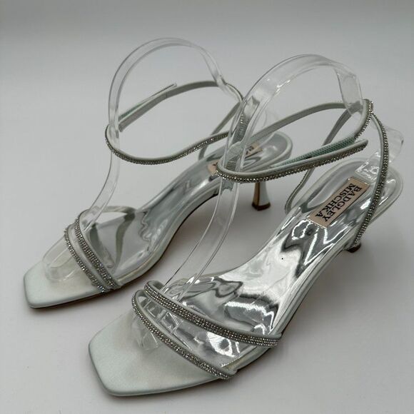 Badgley Mischka Silver Satin Rhinestone Bridal Strappy Wedding Kitten Heels Sz 9 - Picture 2 of 7